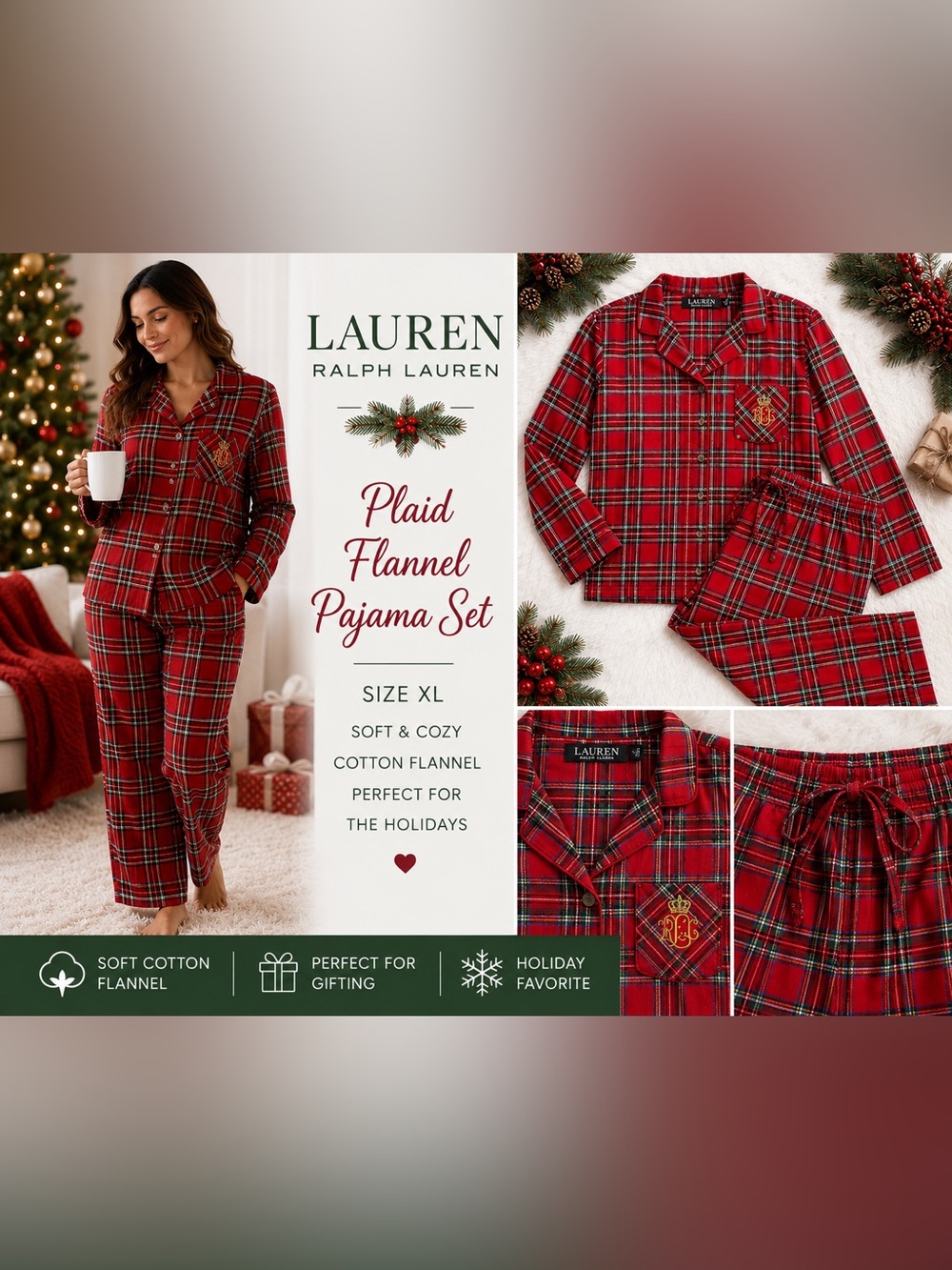 Lauren Ralph Lauren Red Plaid Flannel Pajama Set XL Christmas Sleepwear Holiday